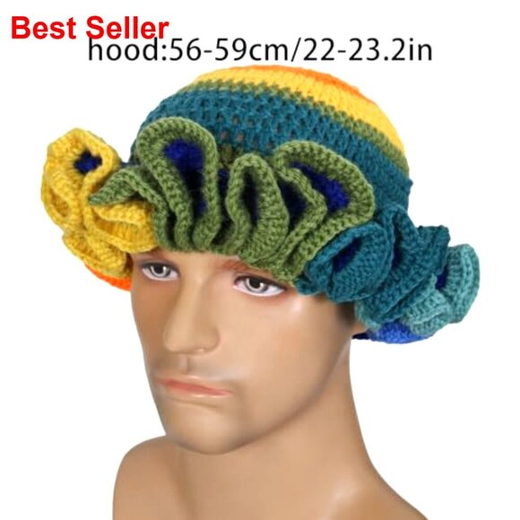 Handmade Crochet Bucket Hat with Ruffled Brim Winter Windproof